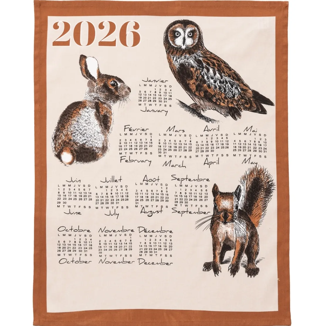 Lot de 3 torchons calendrier chat/chien/animaux de la forêt 2026