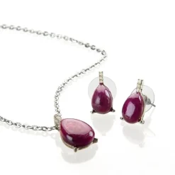 Parure pendentif + boucles d'oreilles goutte bordeaux