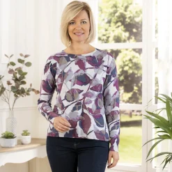Pull feuilles gris/pourpre